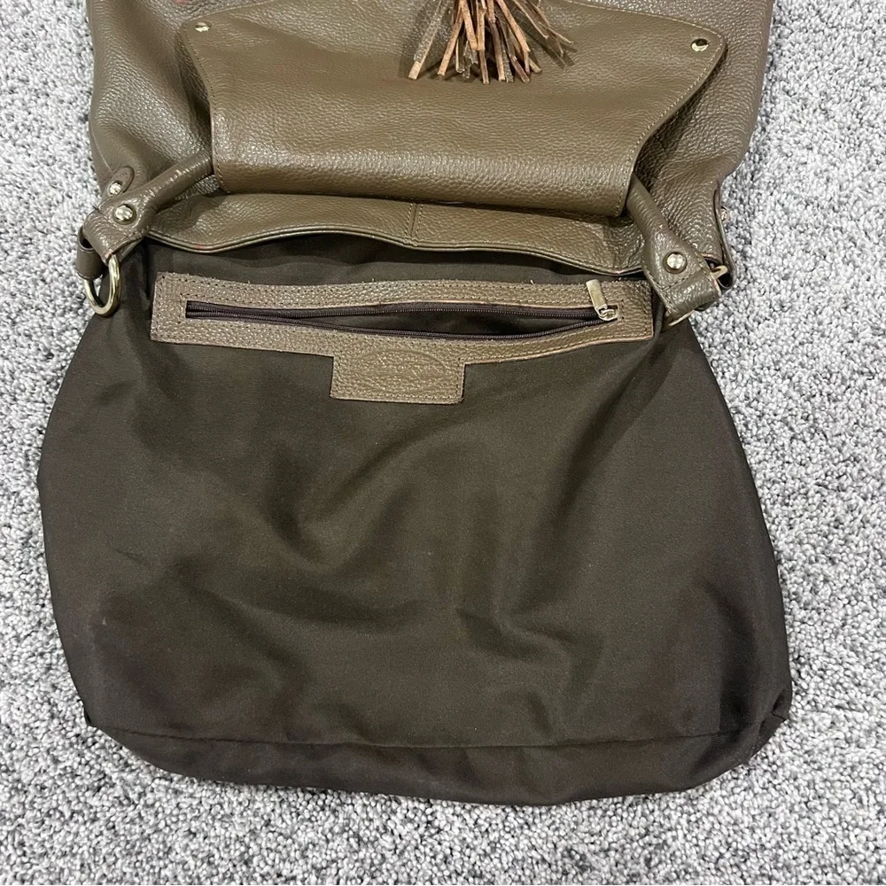 Onna Ehrlich Brown Green Genuine Leather Hobo Shoulder Bag Flap Close